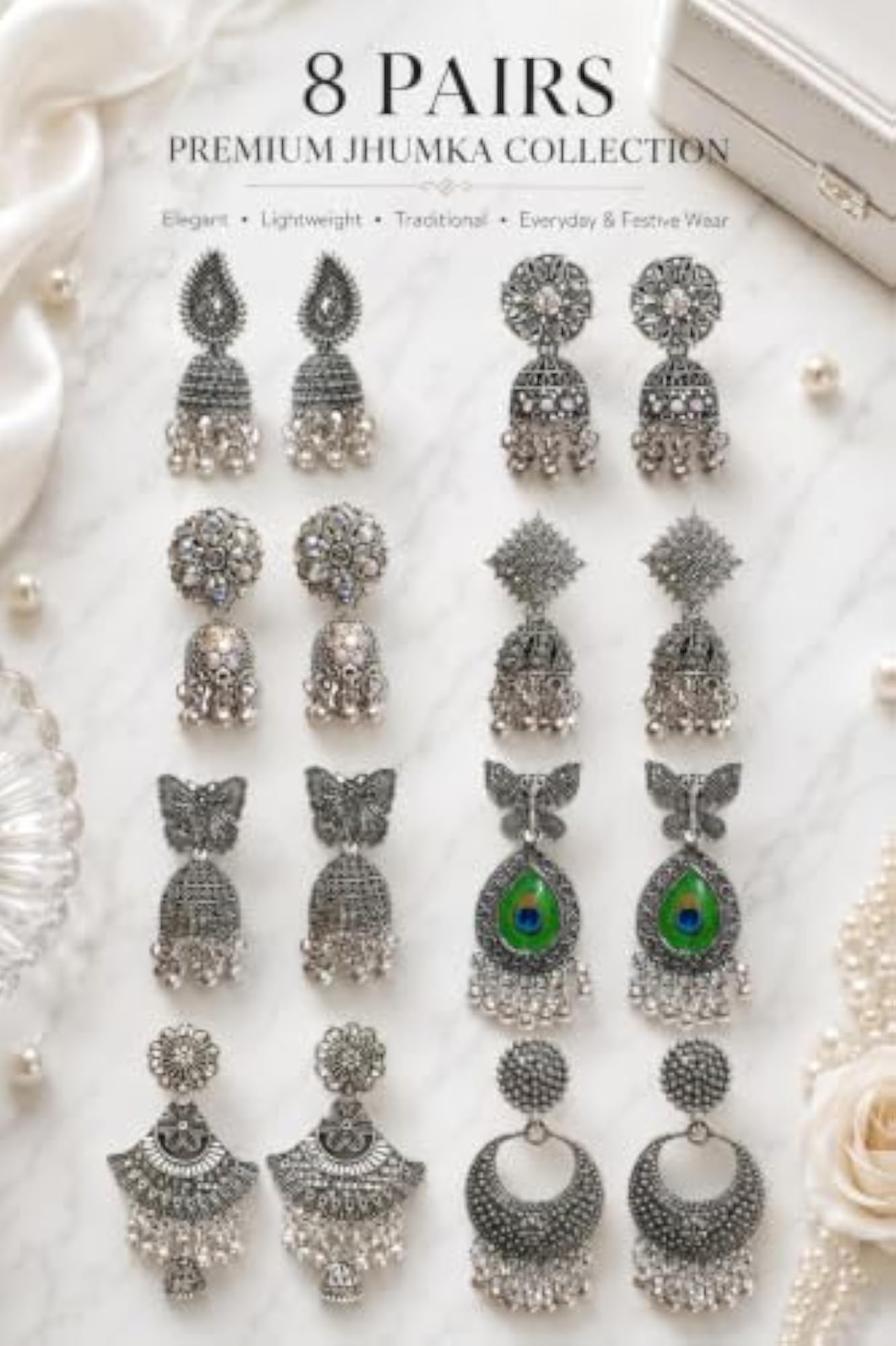 Oxidised Silver Jhumka Earrings Combo Set